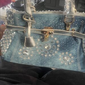 Elegant Blue denim and Gold Women's Handbag /detachable over the shoulder strap